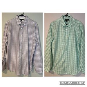 Banana Republic Lot of 2 Non Iron Dress Shirt Plaid Purple Green Cotton Sz L